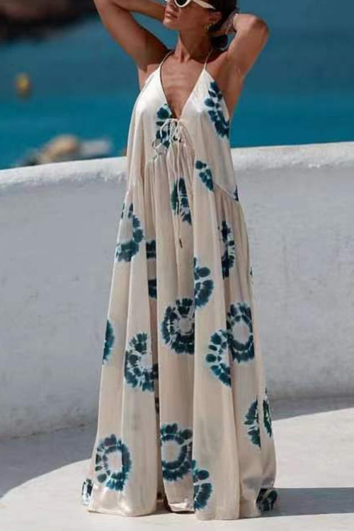 Margovil Halter V Neck Open Back Printed Swing Maxi Vacation Dress