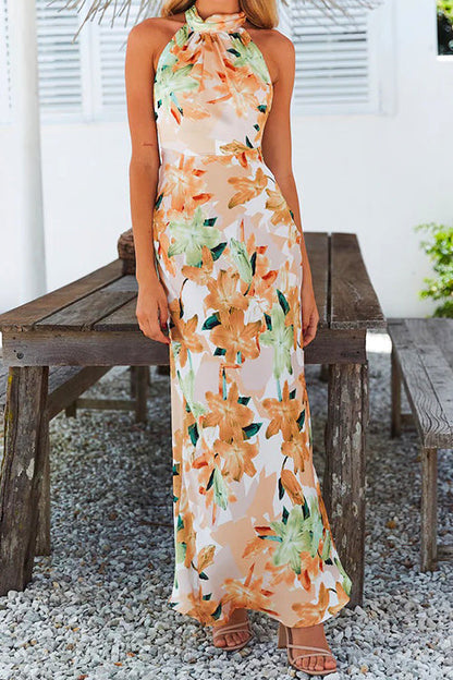 Margovil Tie Neck Backless Floral Printed Maxi Flowy Dress