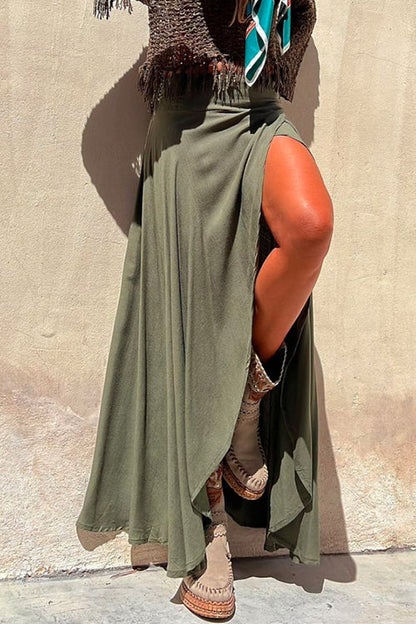 Irregular High Slit Wrap Maxi Swing Skirt