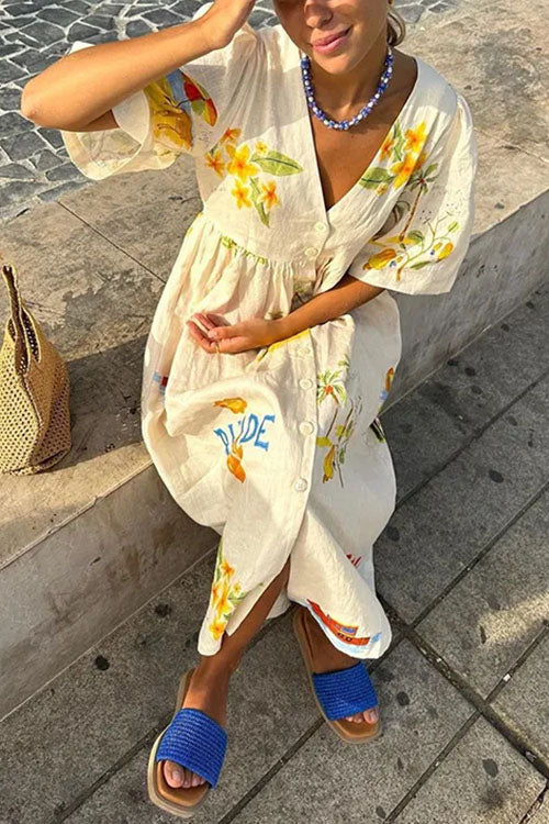 Margovil V Neck Button Down Tropic Print Sun-kissed Maxi Holiday Dress