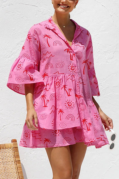 Margovil Flare Sleeves Button Down Graffiti Print Ruffle Shirt Dress