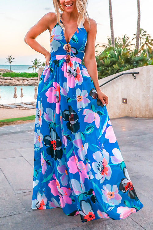 Margovil Halter V Neck Backless Waisted Maxi Floral Swing Dress