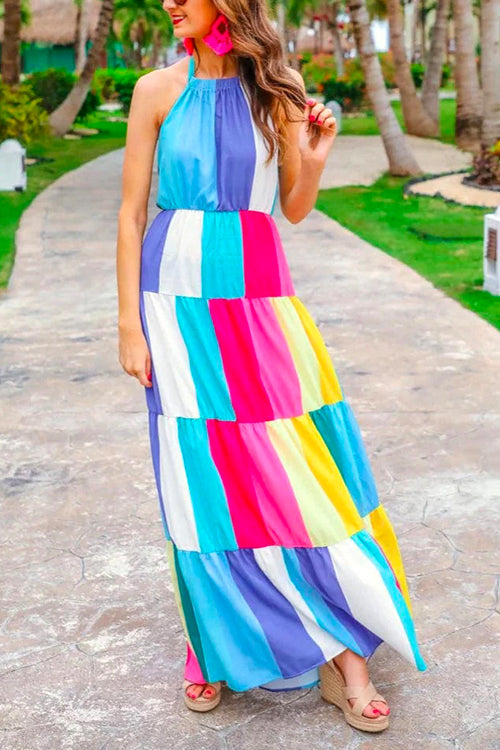 Margovil Halter Backless Ruffle Tiered Maxi Rainbow Dress