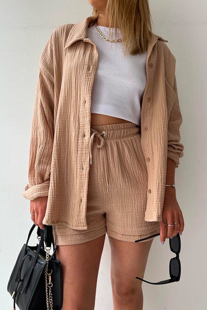 Margovil Drop Shoulder Long Sleeves Blouse Shirt Drawstring Waist Shorts Set