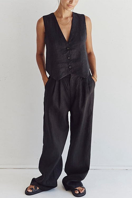 Margovil V Neck Button Down Blazer Vest and Wide Leg Pants Set