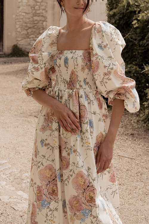 Square Neck Puff Sleeves Floral Print A-line Midi Dress