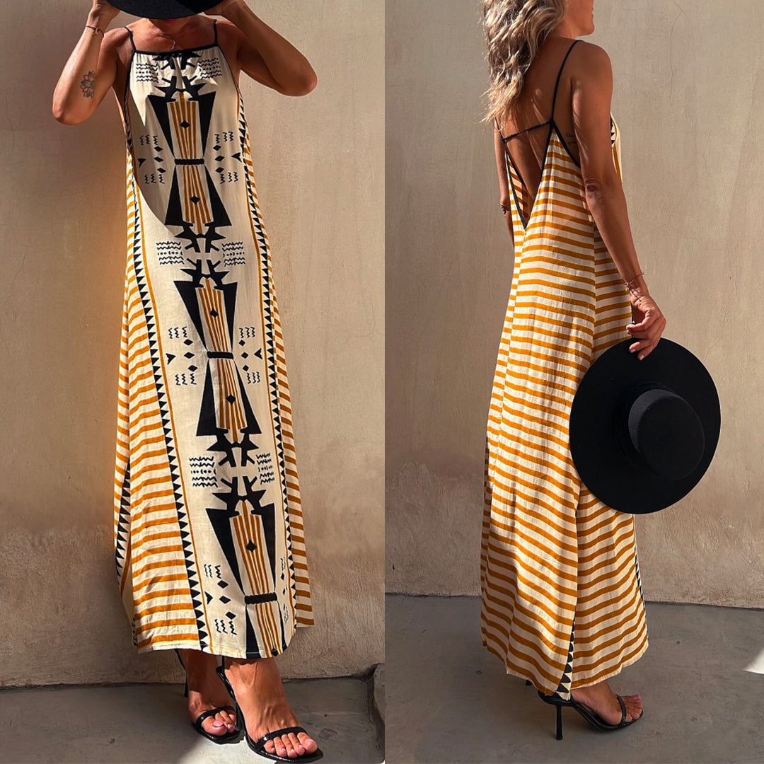 Margovil Stripes Splice Backless Ethnic Printed Maxi Cami Dress