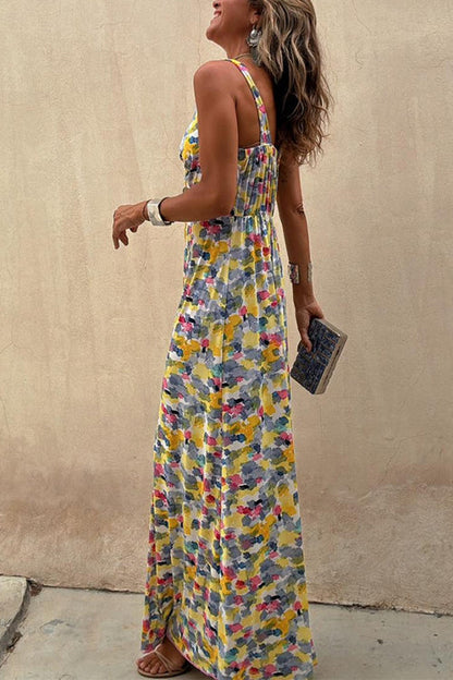 Cross V Neck Abstract Print Swing Maxi Cami Dress