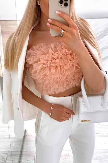 Margovil Sweet Ruffle Mesh Crop Tube Top