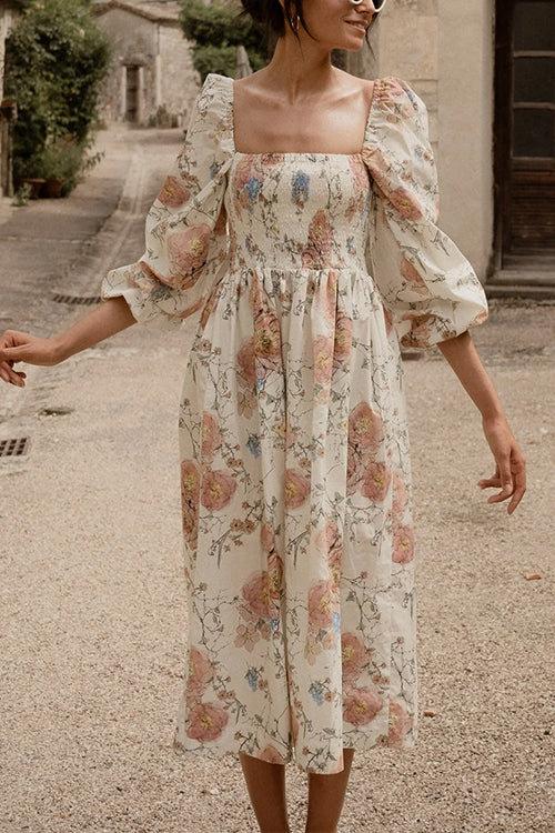 Square Neck Puff Sleeves Floral Print A-line Midi Dress