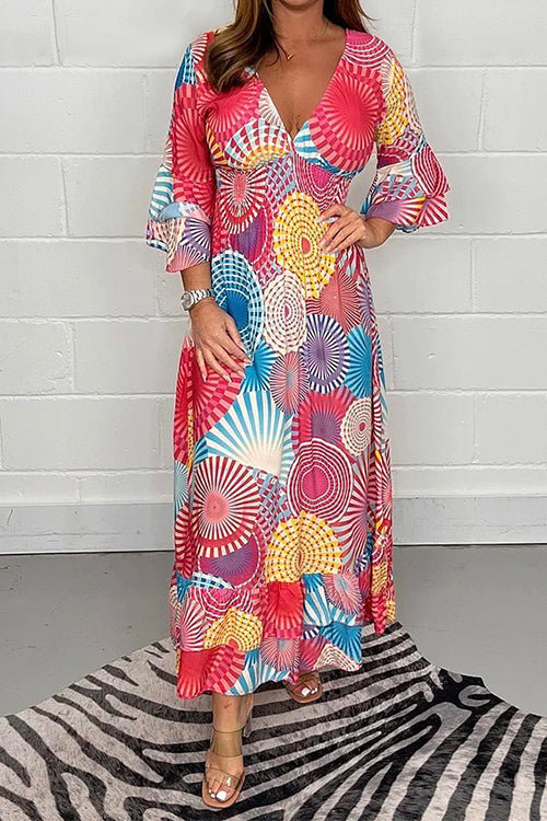 Margovil V Neck Ruffle Sleeve Printed Maxi Swing Dress