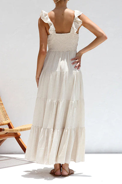 Margovil V Neck Ruffle Trim Tiered Sleeveless Linen Maxi Dress