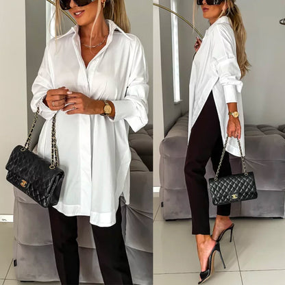 Side Split Long Sleeves Button Down Oversized Blouse Shirt