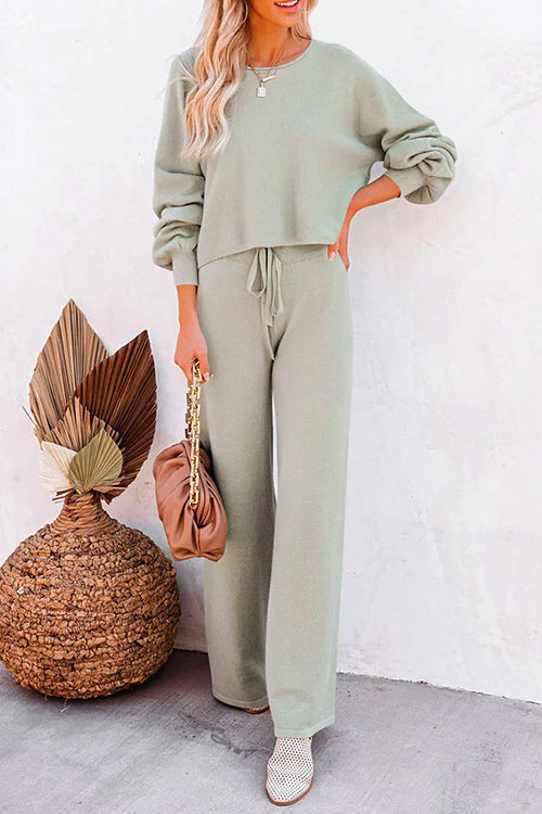 Margovil Round Neck Pullover Drawstring Waist Wide Leg Pants Loungewear Set