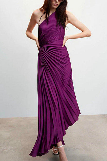 Margovil Sleeveless One Shoulder Cut Out Maxi Pleated Party Dress