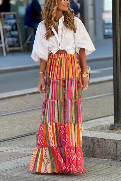 Margovil Elastic Waist Ruffle Tiered Color Block Printed Maxi Skirt