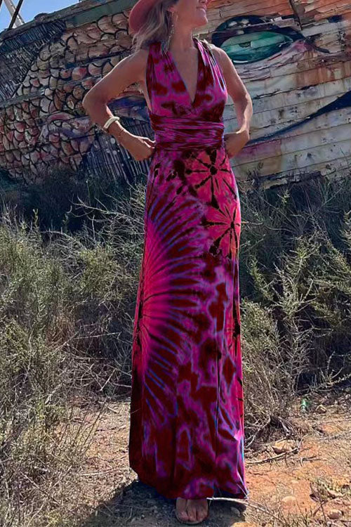 Margovil V Neck Criss Cross Backless Tie Dye Maxi A-line Dress