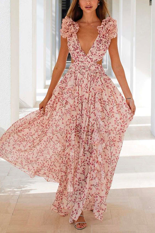 Margovil Deep V Neck Slit Ruffle Trim Floral Maxi Vacation Dress