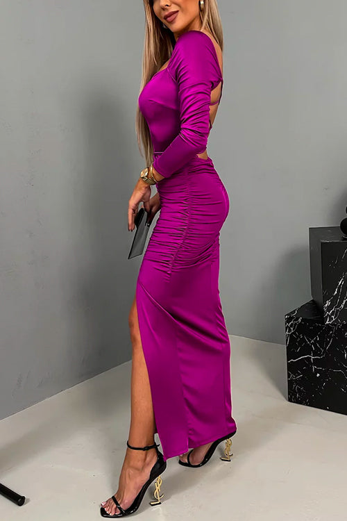 Criss Cross Open Back Slit Ruched Maxi Party Dress