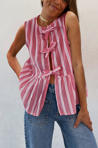 Margovil Crewneck Sleeveless Striped Ruffle Bow Top