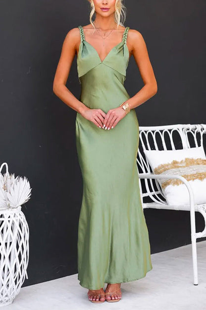 V Neck Adjustable Straps Flare Satin Maxi Cami Dress