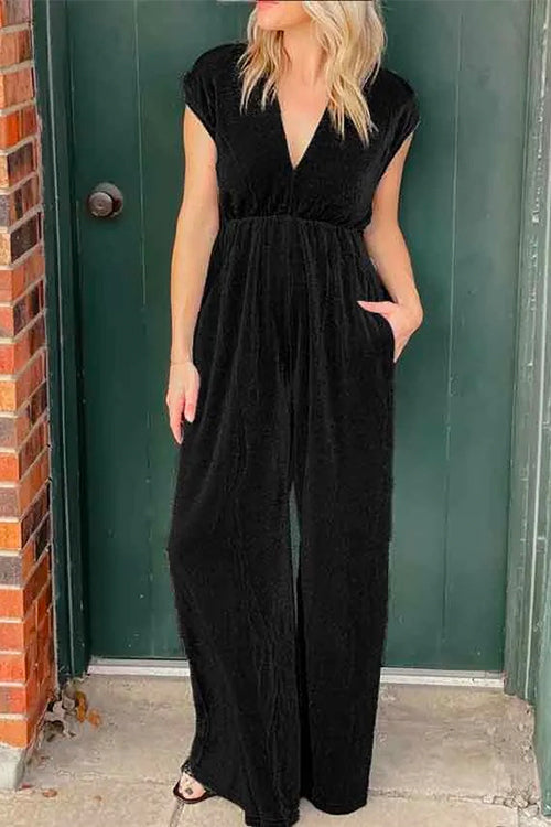 Margovil Deep V Neck Cap Sleeves Waisted Wide Leg Velvet Jumpsuit