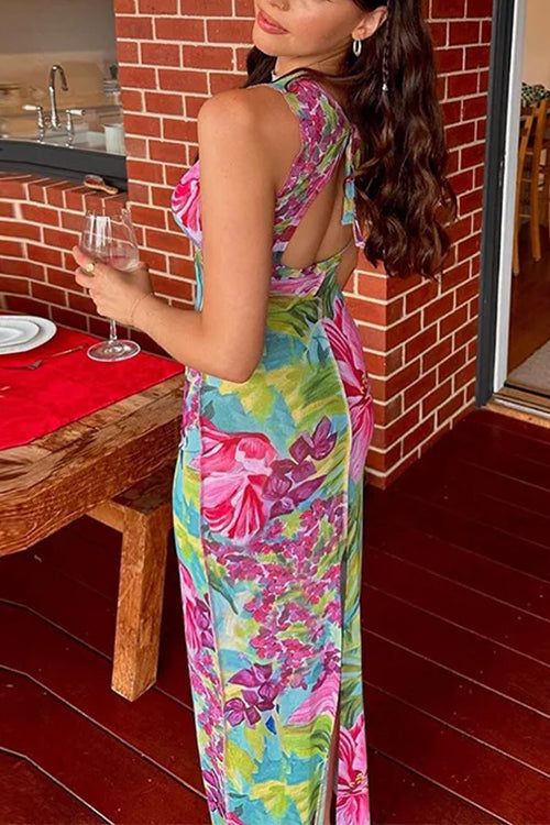 Margovil Sleeveless Back Cut Out Slit Tropical Floral Print Maxi Dress