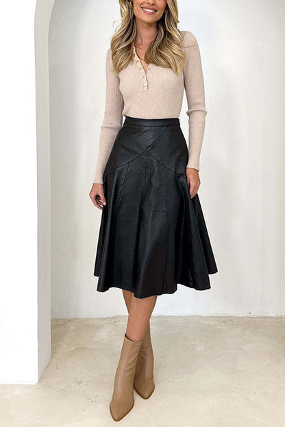 Margovil High Waist Faux Leather A-line Flare Midi Skirt