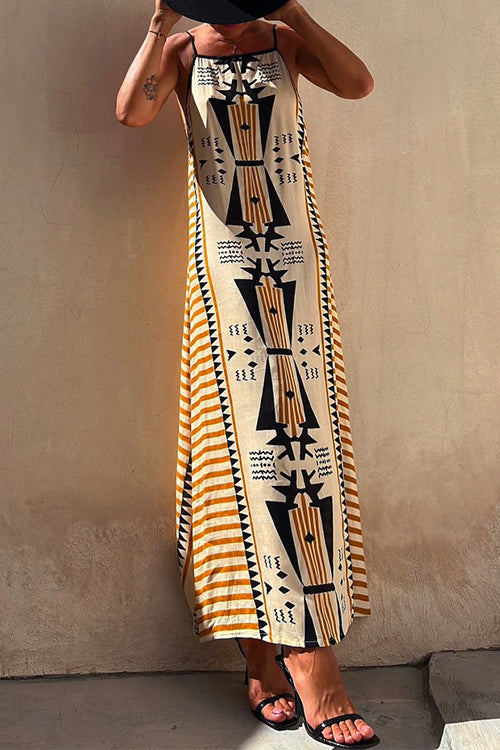 Margovil Stripes Splice Backless Ethnic Printed Maxi Cami Dress