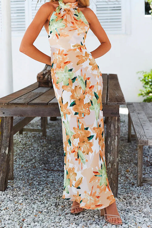 Margovil Tie Neck Backless Floral Printed Maxi Flowy Dress