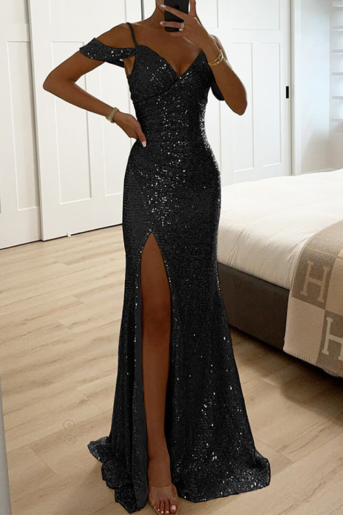 Margovil V Neck Cold Shoulder High Slit Sequin Maxi Prom Dresses