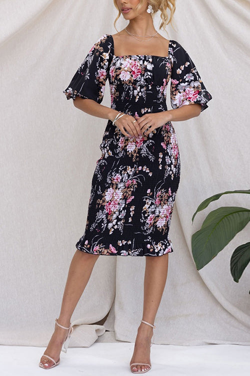 Margovil Square Neck Smocked Floral Print Midi Bodycon Dress