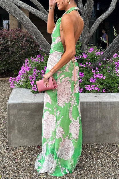 Halter Open Back Sleeveless Floral Print Maxi Dress