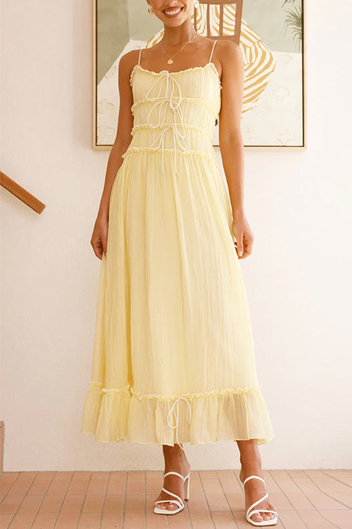 Margovil Spaghetti Strap Frill Trim Tie Bow Maxi Dress