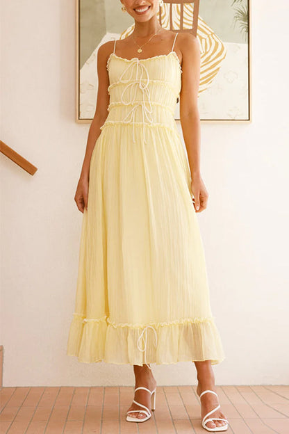 Margovil Spaghetti Strap Frill Trim Tie Bow Maxi Dress