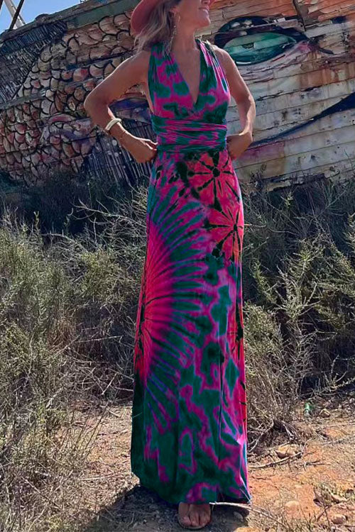 Margovil V Neck Criss Cross Backless Tie Dye Maxi A-line Dress