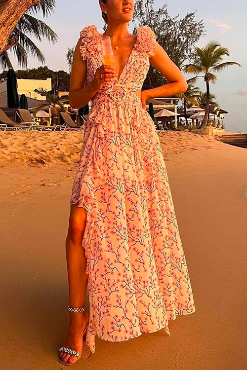 Margovil Deep V Neck Slit Ruffle Trim Floral Maxi Vacation Dress