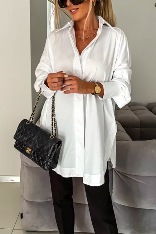 Side Split Long Sleeves Button Down Oversized Blouse Shirt