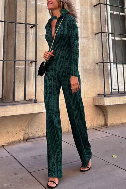 Button Up Long Sleeves Bow Tie Back Wide Leg Printed Jumpsuit