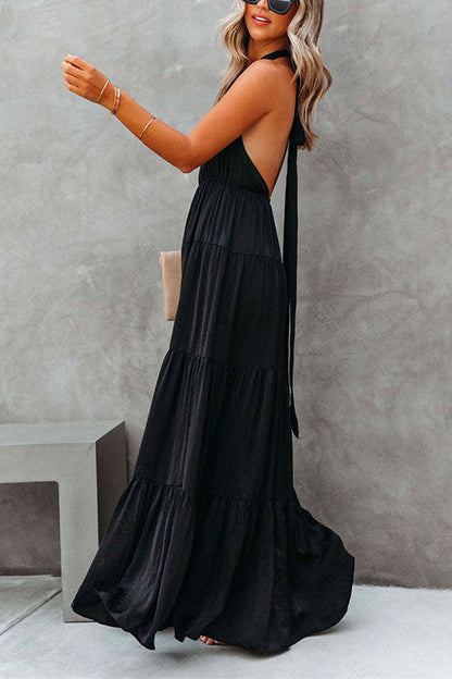 Margovil Halter Backless Waisted Ruffle Tiered Maxi Holiday Dress