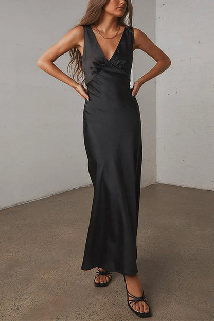 Margovil V Neck Sleeveless Tie Back Satin Maxi Dress