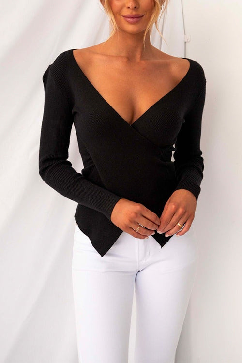 Deep V Neck Cross Front Slim Fit Knit Sweater