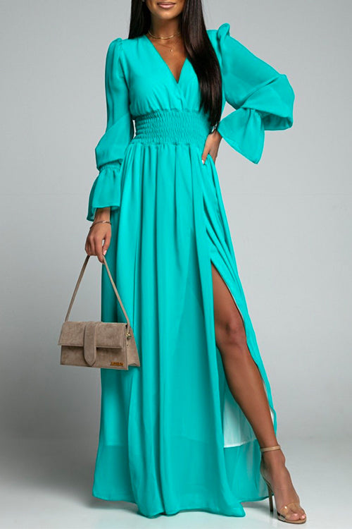 Margovil V Neck Long Sleeve Smocked Waist Maxi Slit Dress