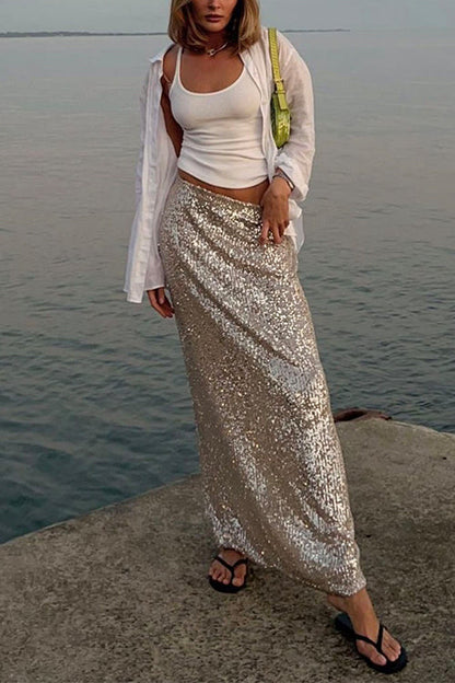 Margovil Elastic Waist Sequin A-line Maxi Skirt