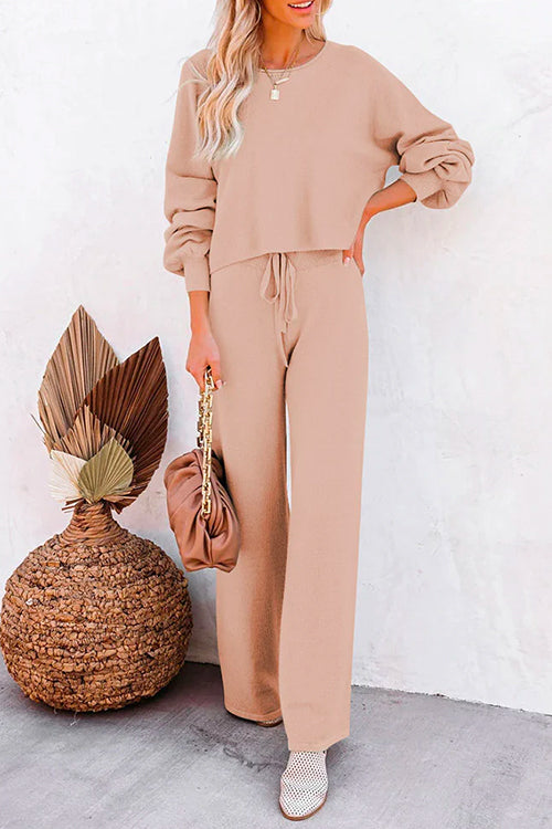 Margovil Round Neck Pullover Drawstring Waist Wide Leg Pants Loungewear Set