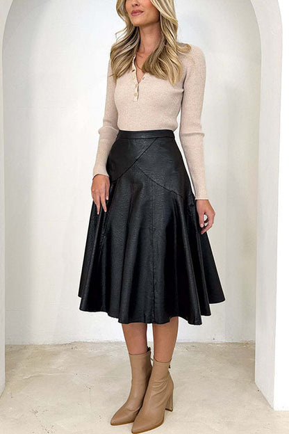 Margovil High Waist Faux Leather A-line Flare Midi Skirt