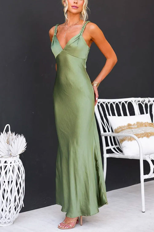 V Neck Adjustable Straps Flare Satin Maxi Cami Dress