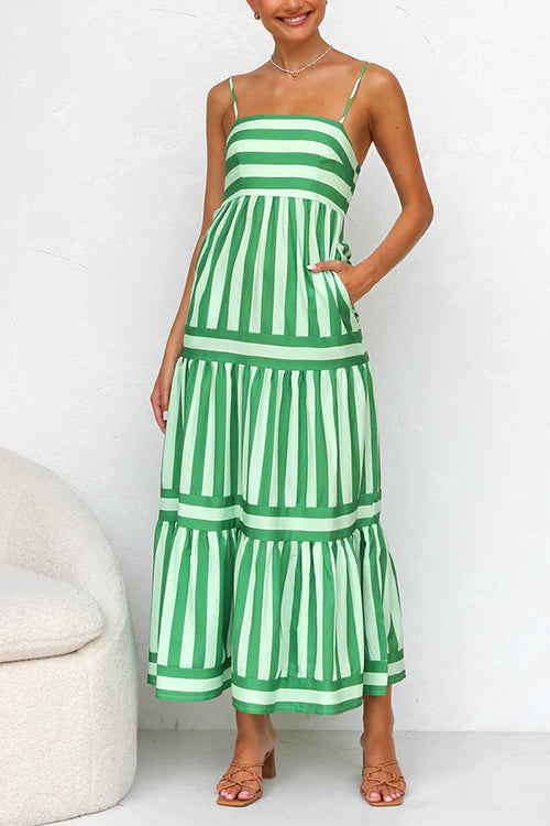 Margovil Spaghetti Strap Tiered Color Block Striped Maxi Dress