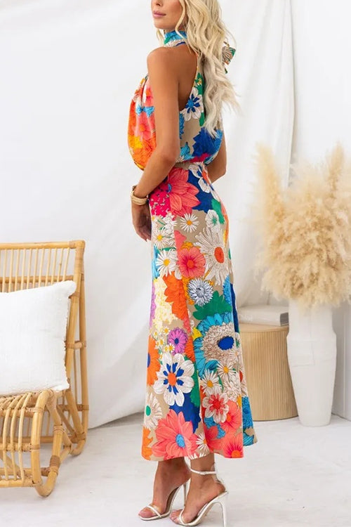 Margovil Sleeveless Tie Neck Waisted Floral Print Maxi Dress