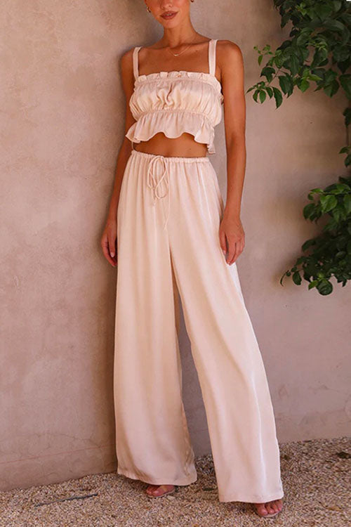 Margovil Ruffle Cami Top Drawstring Waist Wide Leg Pants Satin Set